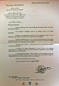 La lettre anti mariage homo de Christian Jeanjean- maire UMP de Palavas-les-Flots