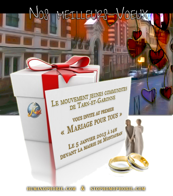 Samedi 5 janvier, à partir de 14h nous célébrerons un mariage symbolique devant la mairie de Montauban : Le premier mariage pour tous en Tarn-et-Garonne !
