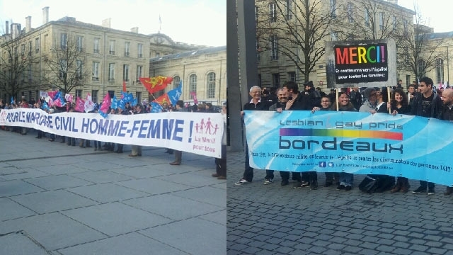 Les "anti" et les "pro" mariage gay manifestent devant l'Ecole de la magistrature de Bordeaux