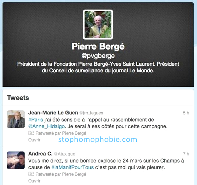 La Manif Pour Tous porte plainte contre P. Bergé pour un de ses tweets!