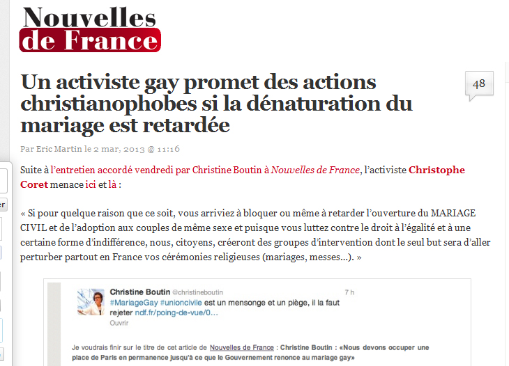Christophe Coret répond à Nouvelles de France pour le détournement de son article sur Christine Boutin