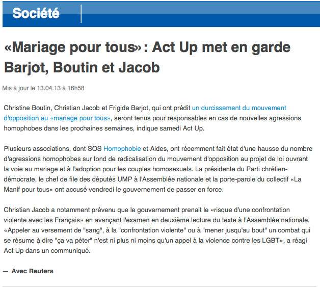 «Mariage pour tous»: Act Up met en garde Barjot, Boutin et Jacob