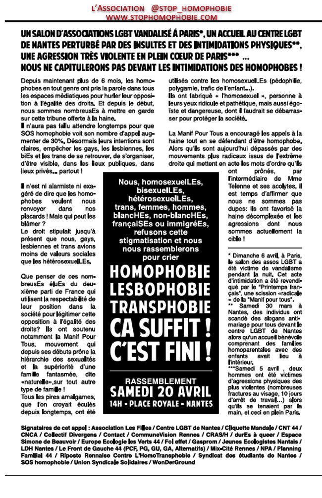 Manifestation contre l’homophobie, la lesbophobie et la transphobie !
