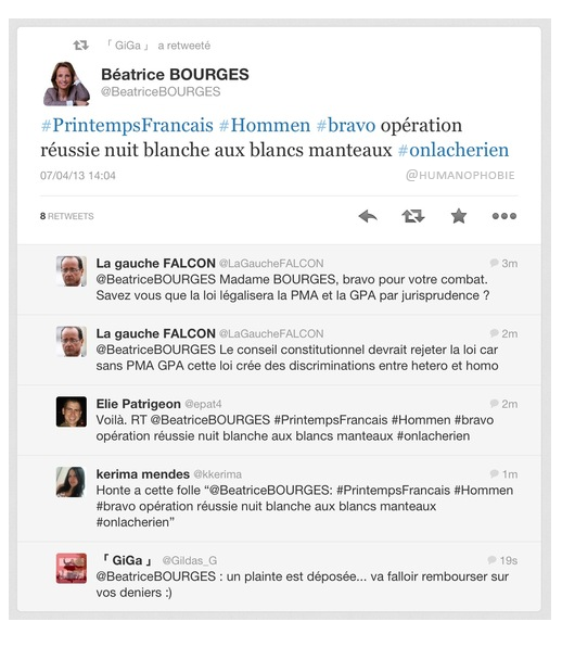 Quand la porte-parole du #PrintempsFrançais @BeatriceBOURGES félicite sur Twitter les vandales, puis supprime son post! 