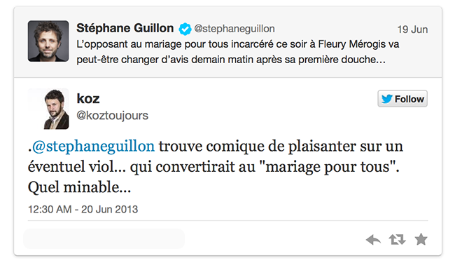 Quand Stéphane Guillon ravive avec humour le duel entre partisans et opposants au mariage pour tous