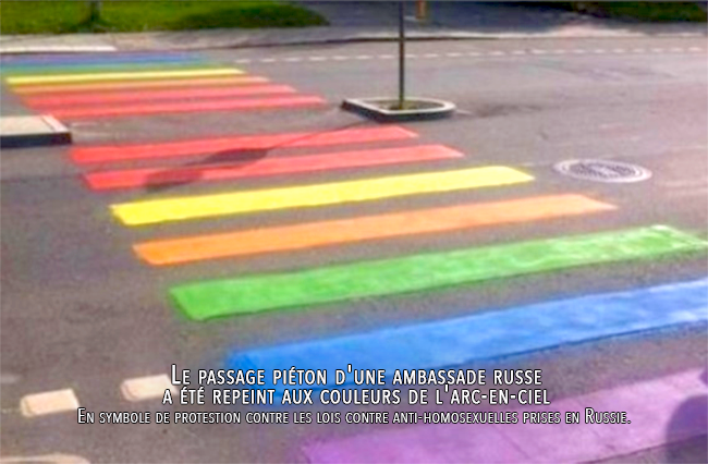 Répression de l’homosexualité : le passage piéton d’une ambassade russe aux couleurs de l’arc-en-ciel 