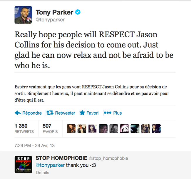 On s'en souvient : Quand Tony #Parker soutient #Collins ! Pas très homophobe tout ça :)