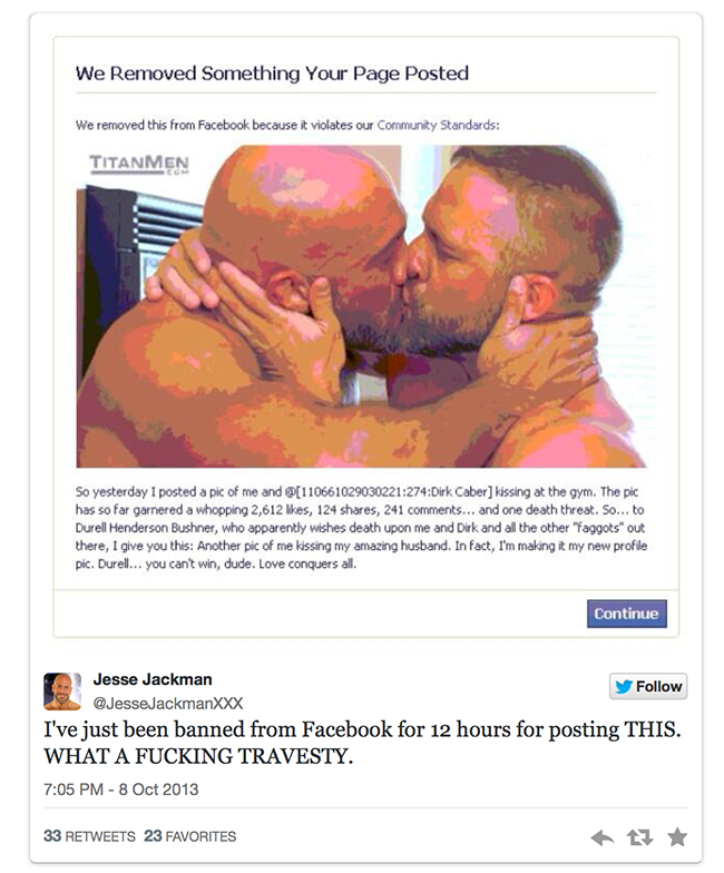 Facebook a-t-il suspendu le profil d'une star du porno gay pour une photo de lui en train d'embrasser son mari? 