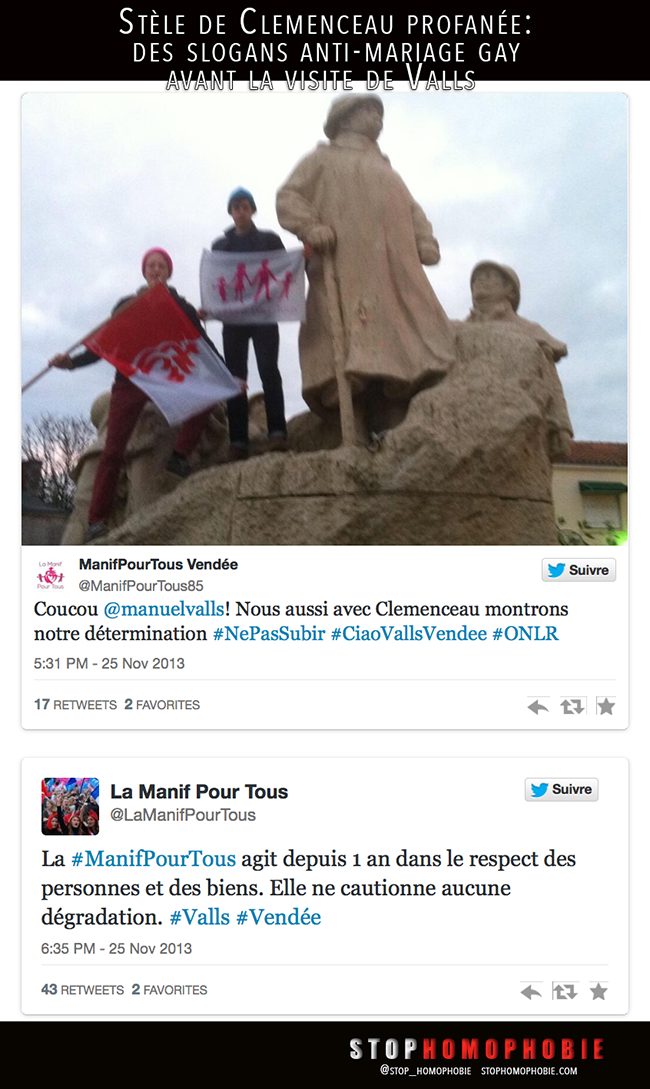 La #Stèle de #Clemenceau #profanée: des #slogans anti-mariage #gay avant la visite de #Valls