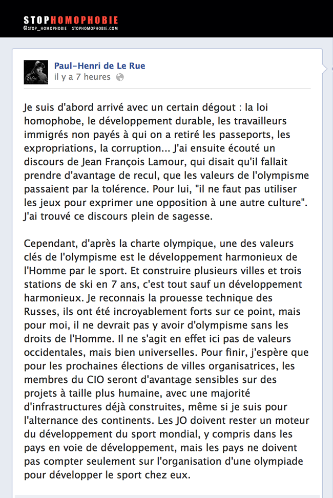 #Sotchi Paul-Henri de Le Rue s'exprime sur les #JO : Enfin une parole côté sportifs français...