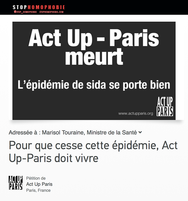 Pétition adressée à Marisol Touraine, Ministre de la Santé : Act Up-Paris meurt, l'épidémie se porte bien !