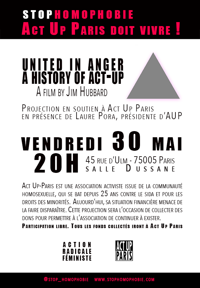Act Up Paris doit vivre ! Soirée de soutien le vendredi 30 mai à 20h, organisée par le Collectif féministe ARF (action radicale féministe).