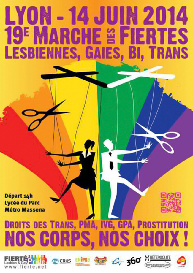19E édition de la Marche des Fiertés de Lyon avec le mot d’ordre : "Droits des Trans, PMA, GPA, IVG, Prostitution - NOS CORPS, NOS CHOIX !" 
