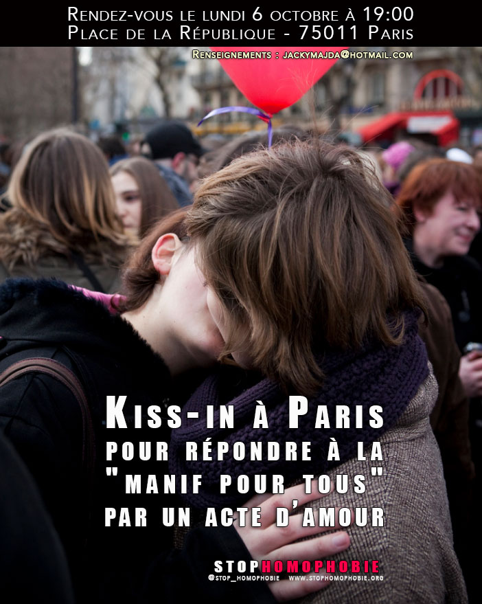 Kiss-in Paris contre l'homophobie ce 6oct : Ne laissons pas la rue à la Manif pour tous
