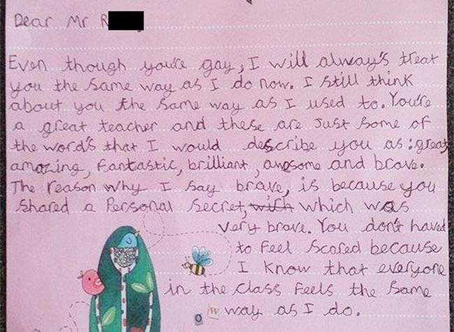 Lorsqu'une élève de 9 ans adresse à son instituteur qui vient d'évoquer son homosexualité, une lettre émouvante...