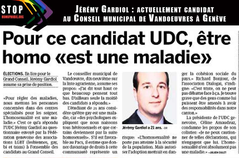 Genève : Pour Jérémy Gardiol, candidat au Conseil municipal de ‪Vandoeuvres‬ : être homo «est une maladie»