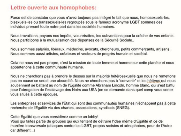 Lettre ouverte aux homophobes : "Nous respectons vos droits, respectez les nôtres"