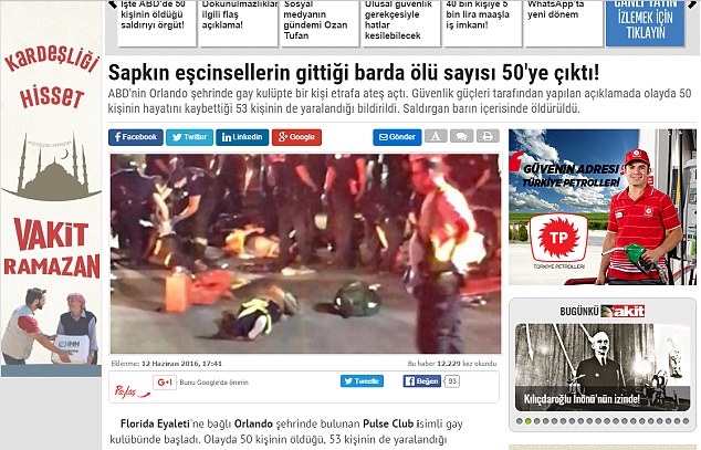 Massacre d'Orlando : « 50 pervers abattus dans un bar ! », titre un quotidien pro-gouvernemental turc