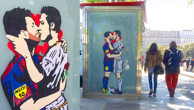 Street art : Avant le Clasico, le baiser passionné de Messi et Ronaldo en plein coeur de Barcelone